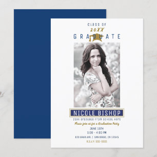 Blue White Gold Colours Photo Graduation Party   Invitation