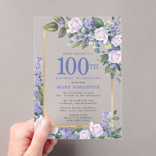 Blue White Gold Floral 100th Birthday Acrylic Invitations (Insitu (Handheld))