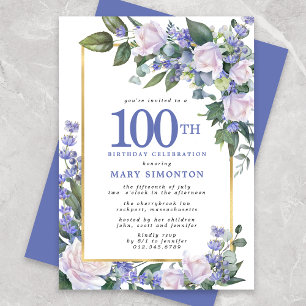 Blue White Gold Floral 100th Birthday Invitation