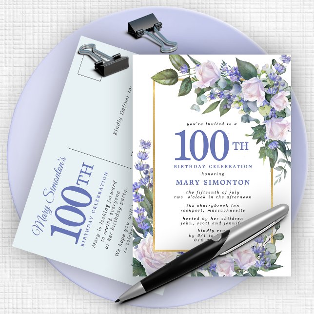 Blue White Gold Floral 100th Birthday Party Invitation Postcard (Creator Uploaded)