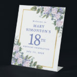 Blue White Gold Floral 18th Birthday Welcome Pedestal Sign<br><div class="desc">Honour a special woman with this elegant and feminine 18th Birthday Party welcome sign. 18th is written in large blue text. Birthday celebration follows. The honoured guest's name is also in blue capital letters. The birthday celebration details are surrounded by a chic gold frame that is decorated with white roses...</div>