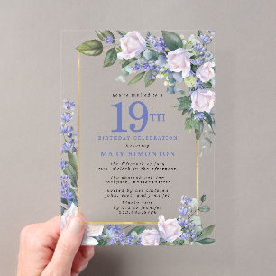 Blue White Gold Floral 19TH Birthday Acrylic Invitations
