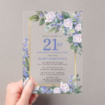 Blue White Gold Floral 21st Birthday Acrylic Invitations<br><div class="desc">Honour a special woman with this elegant and feminine 21st Birthday party invitation. 21st is written in large blue text. Birthday celebration follows. The honoured guest's name is also in blue capital letters. The remainder of the text is soft dove grey. The birthday celebration details are surrounded by a chic...</div>
