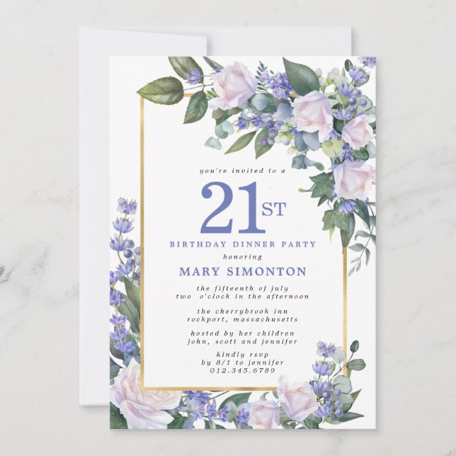 Blue White Gold Floral 21st Birthday Dinner Invitation (Front)