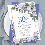 Blue White Gold Floral 30th Birthday Invitation<br><div class="desc">Honour a special woman with this elegant and feminine 30th Birthday party invitation. 30th is written in large blue text. Birthday celebration follows. The honoured guest's name is also in blue capital letters. The remainder of the text is soft dove grey. The birthday celebration details are surrounded by a chic...</div>