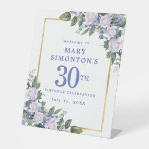 Blue White Gold Floral 30th Birthday Welcome Pedestal Sign