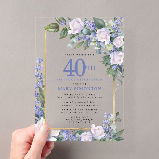 Blue White Gold Floral 40th Birthday Acrylic Invitations (Insitu (Handheld))