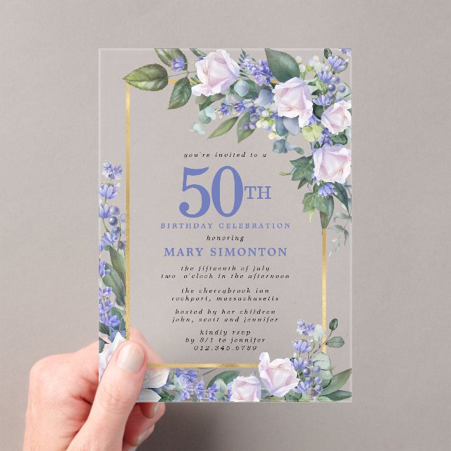 Blue White Gold Floral 50th Birthday Acrylic Invitations (Insitu (Handheld))