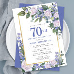 Blue White Gold Floral 70th Birthday Invitation<br><div class="desc">Honour a special woman with this elegant and feminine 70th Birthday party invitation. 70th is written in large blue text. Birthday celebration follows. The honoured guest's name is also in blue capital letters. The remainder of the text is soft dove grey. The birthday celebration details are surrounded by a chic...</div>