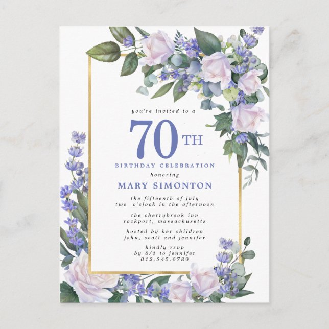 Blue White Gold Floral 70th Birthday Party Invitation Postcard (Front)