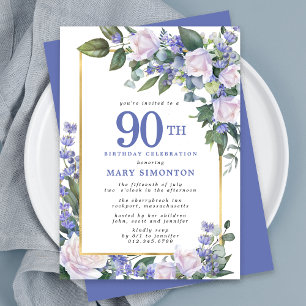 Blue White Gold Floral 90th Birthday Invitation