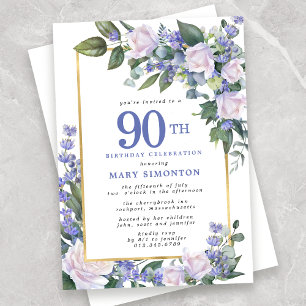 Blue White Gold Floral 90th Birthday Invitation