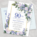 Blue White Gold Floral 90th Birthday Party Invitation Postcard<br><div class="desc">Honour a special woman with this elegant and feminine 90th Birthday party invitation. 90th is written in large blue text. Birthday celebration follows. The honoured guest's name is also in blue capital letters. The remainder of the text is soft dove grey. The birthday celebration details are surrounded by a chic...</div>
