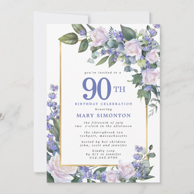 Blue White Gold Floral Photo 90th Birthday Invitation (Front)