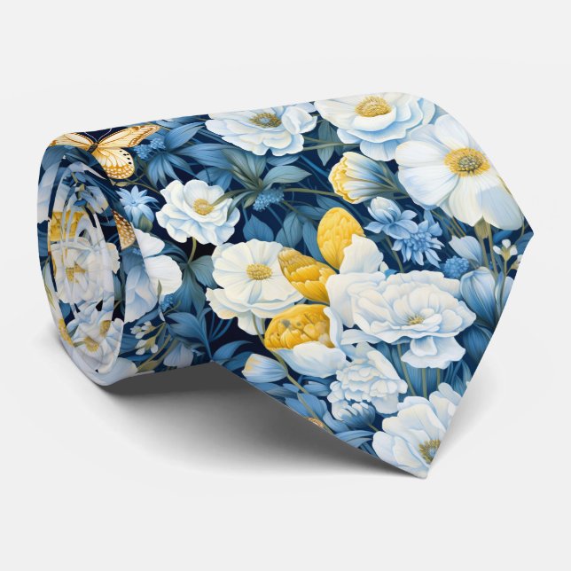 blue white gold  flowers and butterflies tie (Rolled)