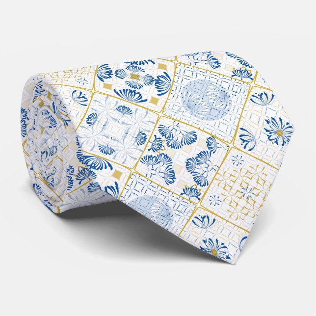 Blue White Gold Geometric Tile Chinoiserie Tie (Rolled)