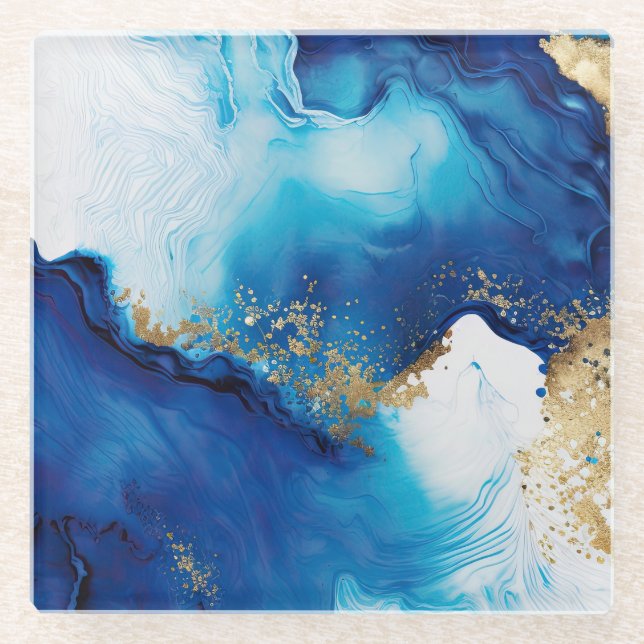 Blue White Gold Infusion Glass Coaster (Front)