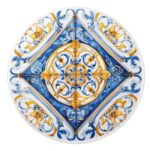 Blue White Gold Look Talavera Azulejo Tile Ceramic Knob