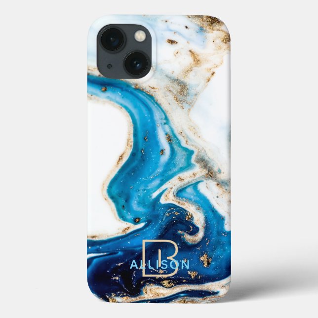 Blue White Gold Marble Abstract Art Monogram Case-Mate iPhone Case (Back)