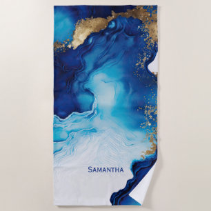 Blue White Gold Marble Beach Towel