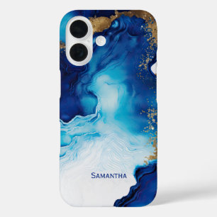 Blue White Gold Marble iPhone 16 Case