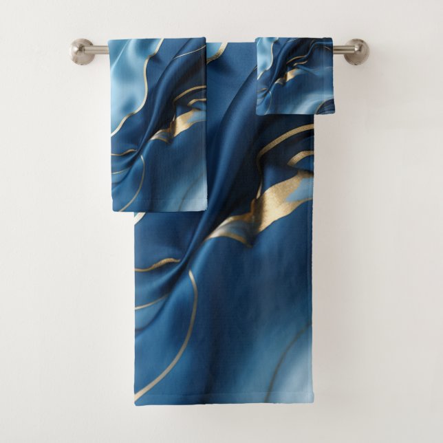 Blue,White, Gold Marble on Silk Bath Towel Set (Insitu)
