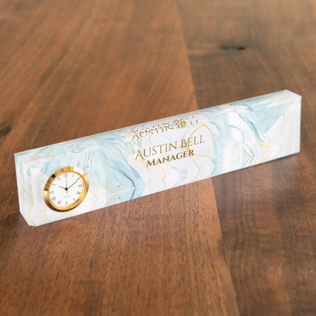 Blue White Gold Marble Personalized  Nameplate (Side)