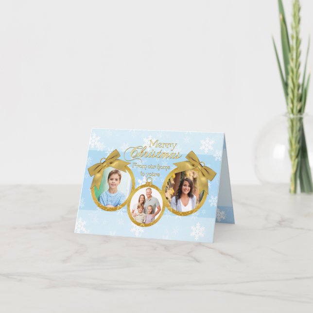 Blue White Gold Ornaments Christmas Photo Card (Front)