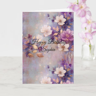 Blue White Gold Purple Floral Birthday Card