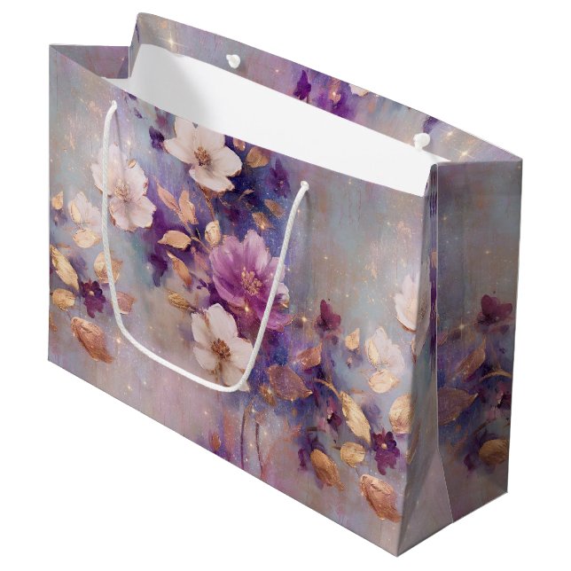 Blue White Gold Purple Floral Birthday Large Gift Bag (Front Angled)