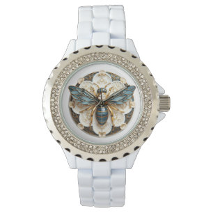 Blue White Gold Stained Glass Elegant Bee Watch