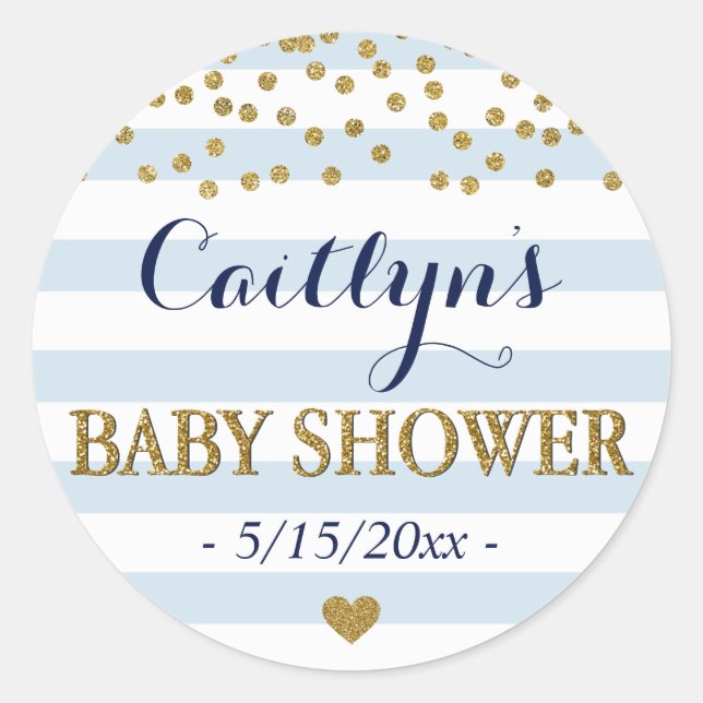 Blue White Gold Stripe Confetti Baby Boy Shower Classic Round Sticker (Front)