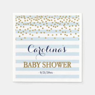 Blue White Gold Stripe Confetti Baby Boy Shower Napkin