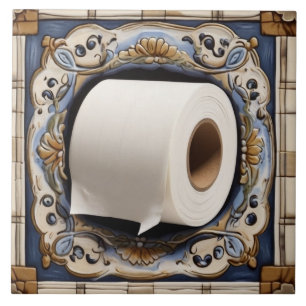 Blue White & Gold Toilet Paper Roll Funny Bathroom Tile
