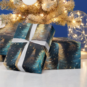 Blue White Gold Trees Modern Christmas Wrapping Paper