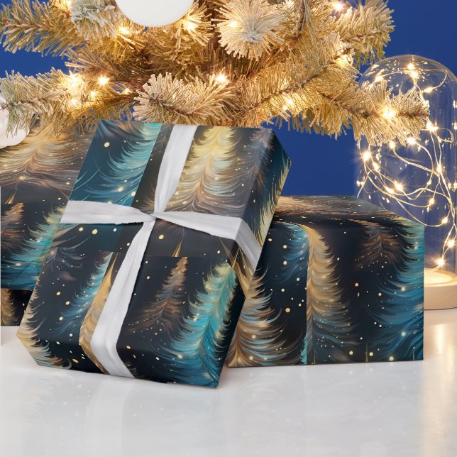 Blue White Gold Trees Modern Christmas Wrapping Paper (Holidays)