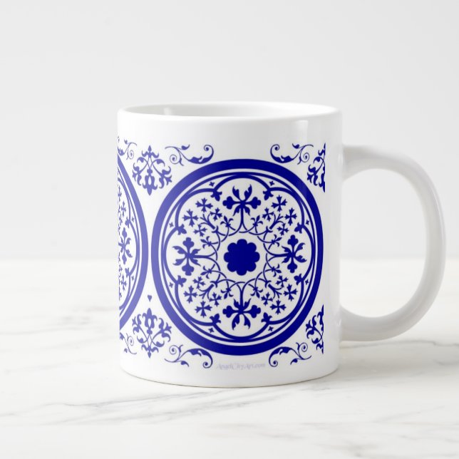 Blue White Gothic Tile Pattern Large Coffee Mug (Right)