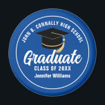 Blue White Graduate Custom 2025 Graduation Party Magnet<br><div class="desc">This modern blue and white custom senior graduate magnet features classy white typography of your high school or college name for the class of 2025. Customize with your graduating year under the chic black handwritten script and black grad cap for a great personalized graduation keepsake gift.</div>