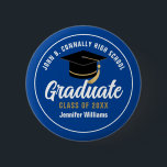 Blue White Graduate Custom Graduation Name Tag 2 Inch Round Button<br><div class="desc">This modern blue and white custom senior graduate button features classy white typography of your high school or college name for the class of 2025. Customize with your graduating year under the chic black handwritten script and black grad cap for a great personalized graduation name tag for a party or...</div>