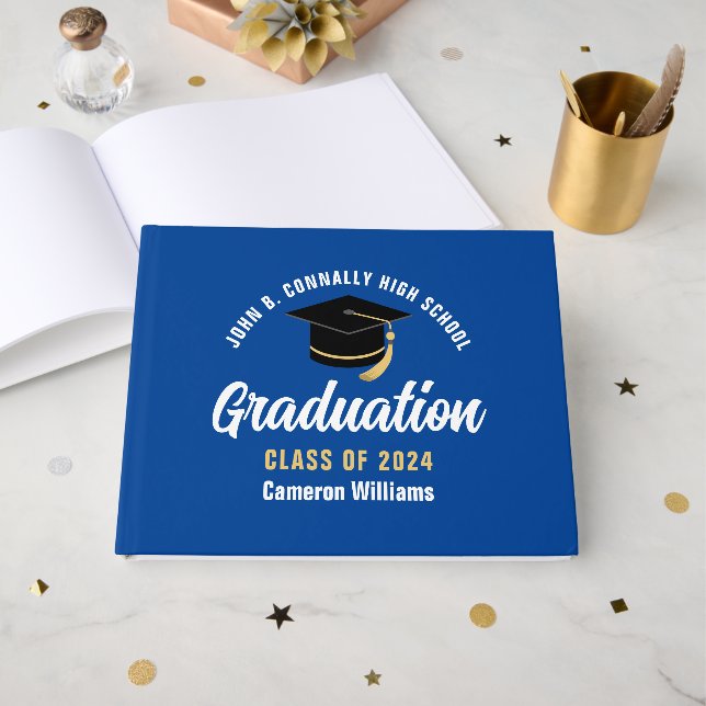 Blue White Graduate Customizable Graduation Party Guest Book (Front Open)