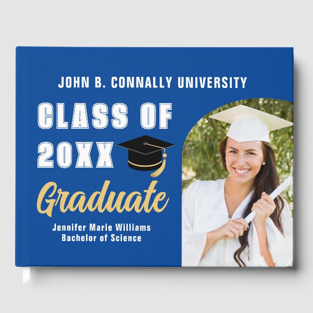 Blue White Graduate Photo Custom Graduation Party Guest Book (Front)