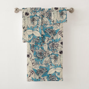 Blue White Graphic Flowers Pattern Bath Towel Set