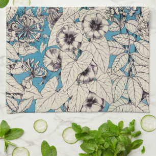 Blue White Graphic Flowers Pattern Kitchen Towel