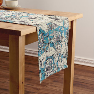 Blue White Graphic Flowers Pattern Short Table Runner