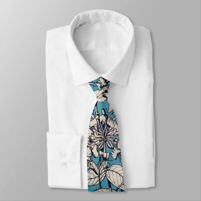 Blue White Graphic Flowers Pattern Tie (Tied)