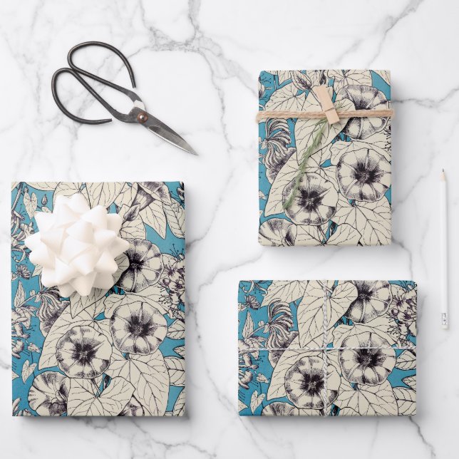 Blue White Graphic Flowers Pattern Wrapping Paper Sheet (Front)