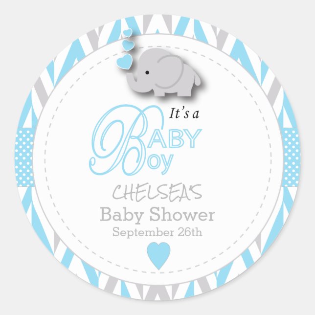 Blue, White Gray Elephant Baby Shower 2 Classic Round Sticker (Front)