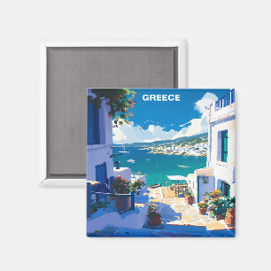 Blue White Greece Vintage Travel  Magnet