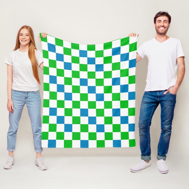 Blue White Green Chequered Design  Fleece Blanket (In Situ)