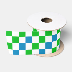 Blue White Green Chequered Design  Satin Ribbon